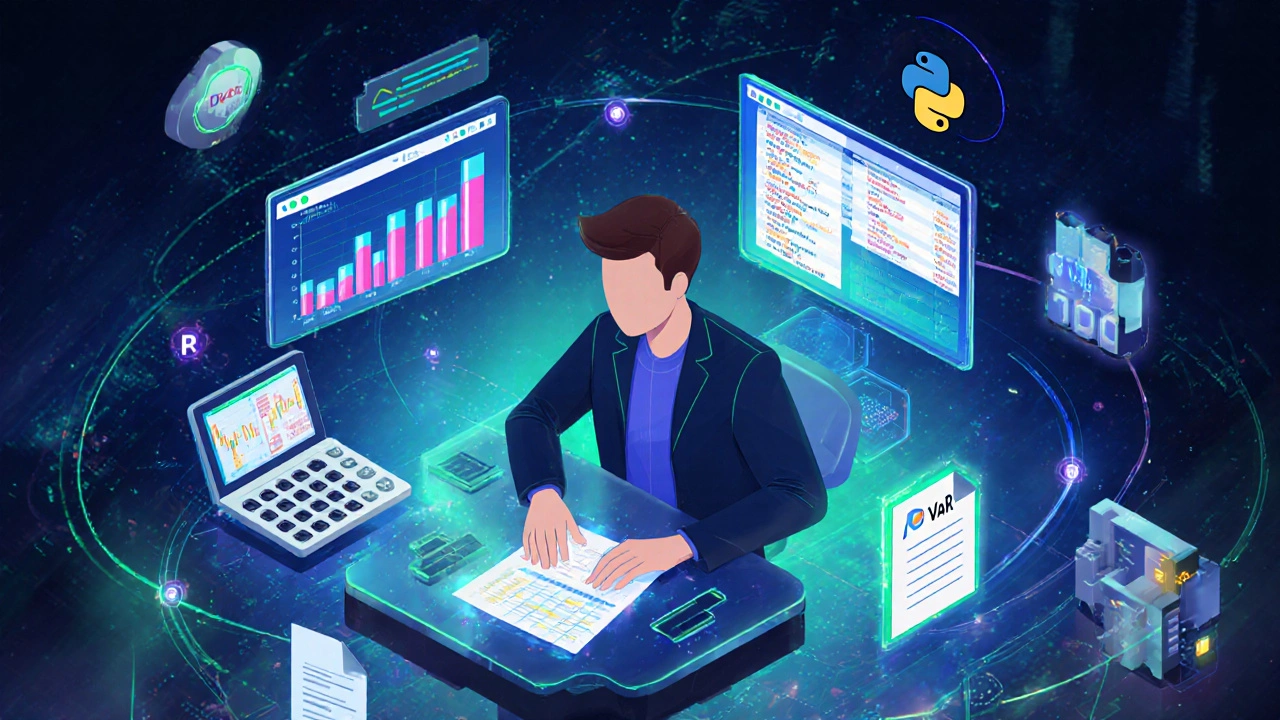Аналитик окружён голографическими экранами с Power BI, кодом Python и матрицей рисков.
