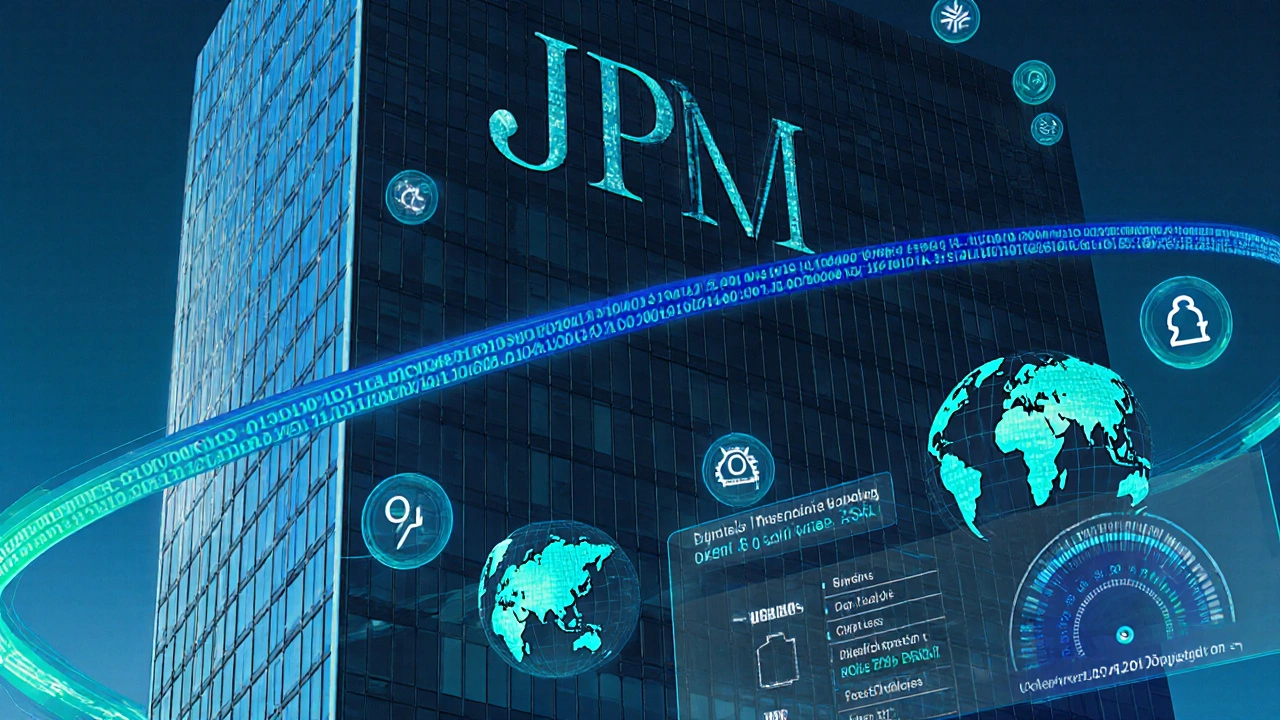 Глянцевая башня JPMorgan Chase с потоками цифровых данных и глобальными голограммами.
