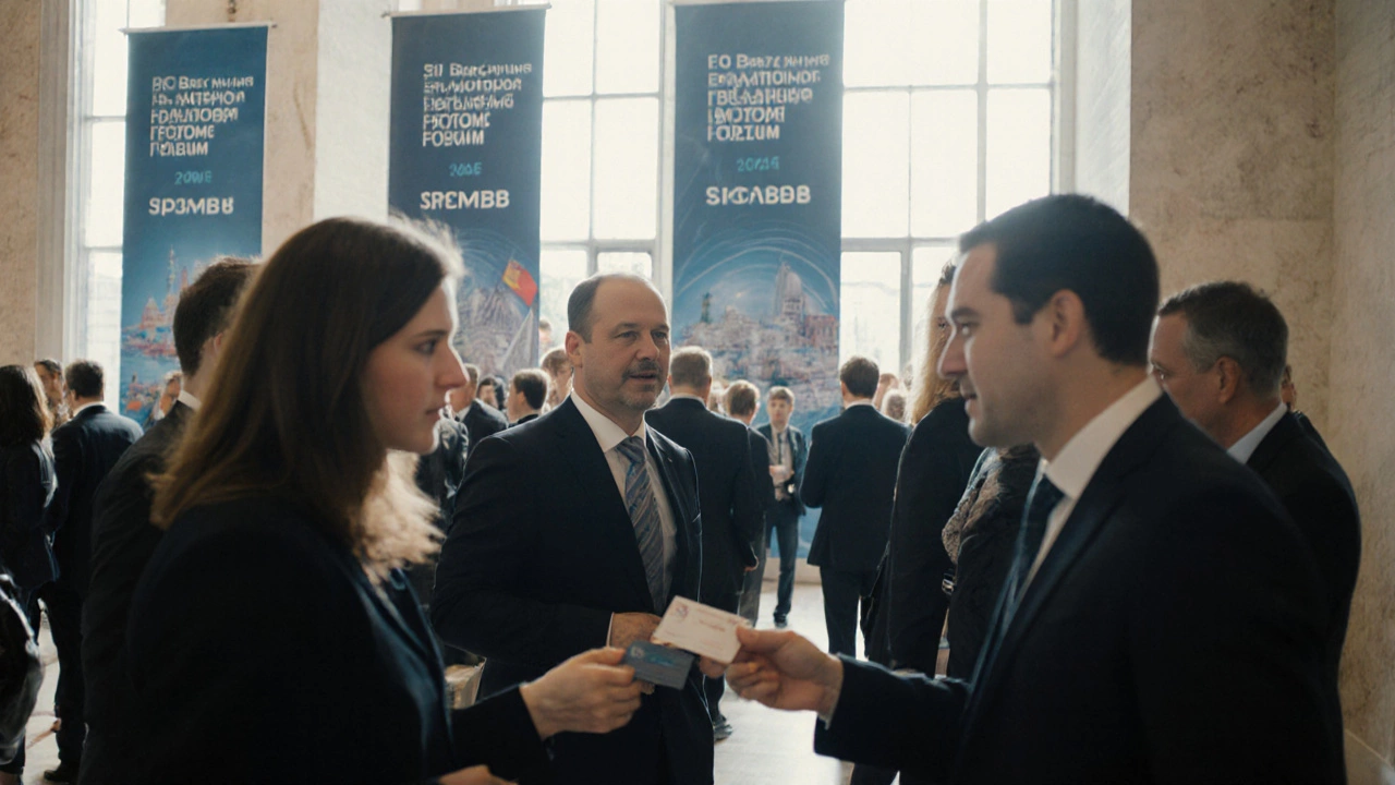 Коридор крупного бизнес-форума в Санкт-Петербурге, участники общаются между сессиями.