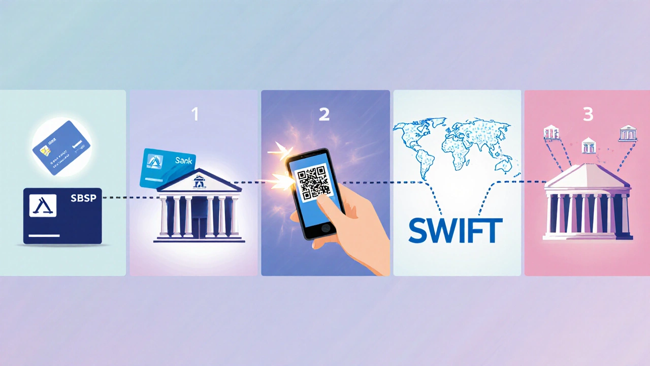 Пять небольших сцен показывают внутренний, межбанковский, СБП, SWIFT и корреспондентский перевод.