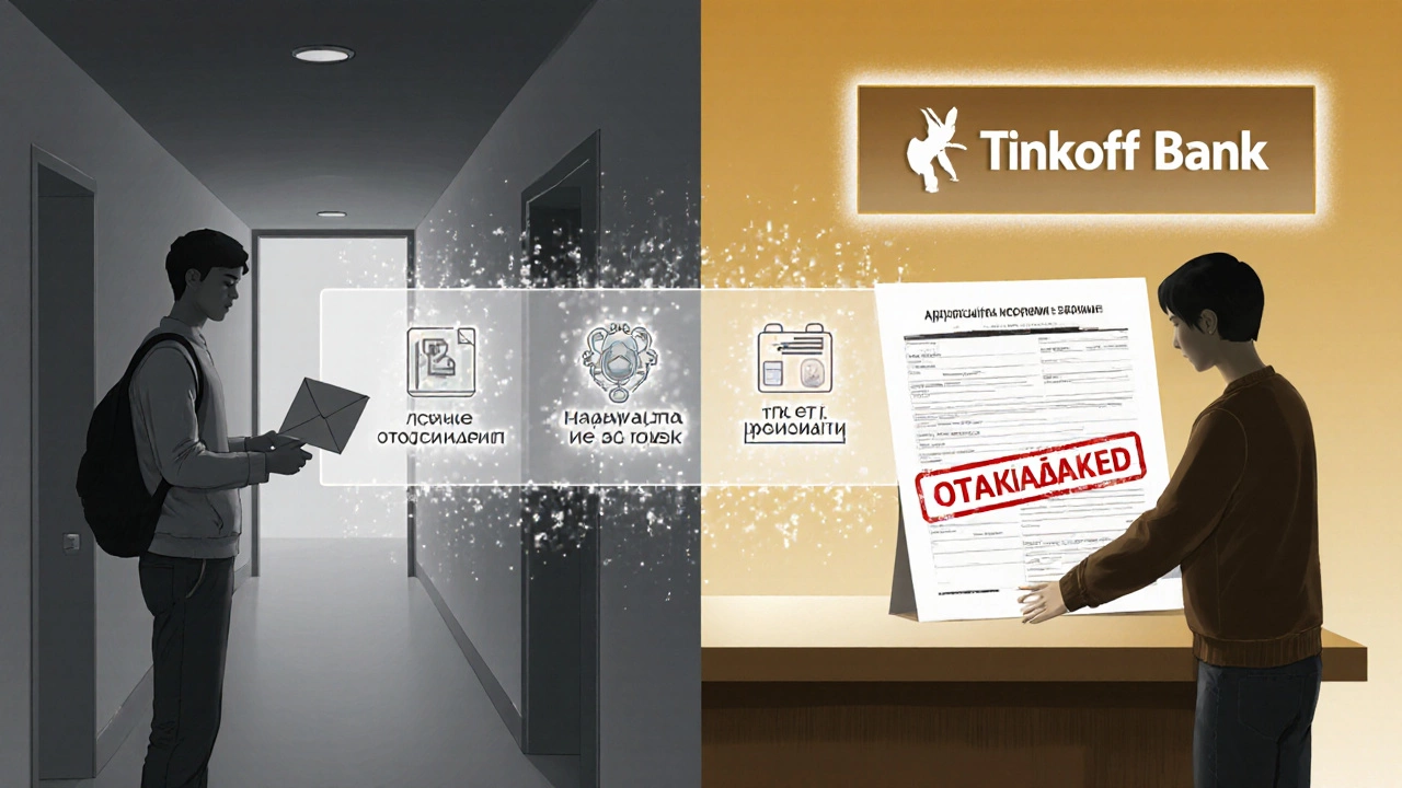 Разделённая сцена: получение зарплаты в конверте и отказ в банке с цифровым барьером.