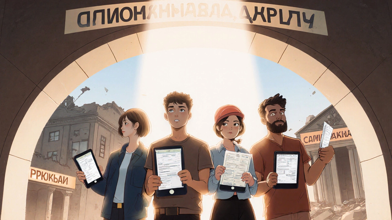 Разные люди с доказательствами дохода стоят под светящимся входом в банк, принимающий нестандартных клиентов.