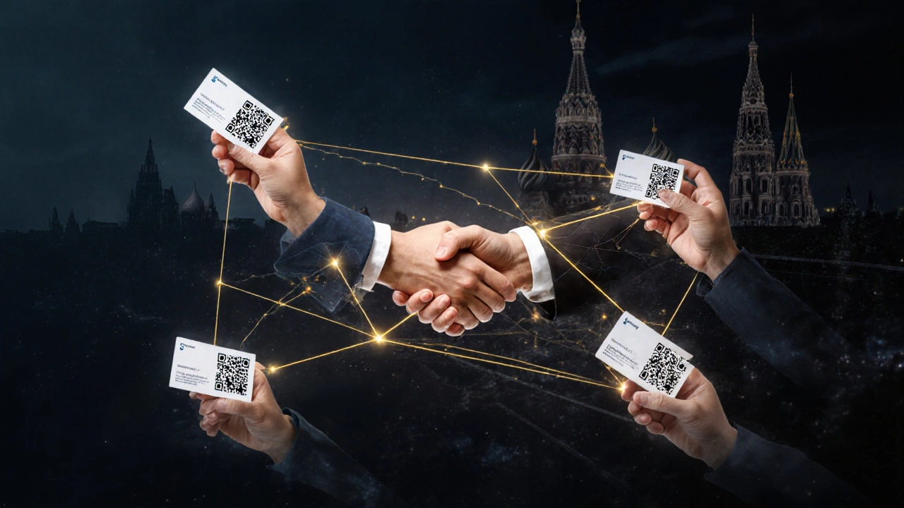 Сеть рук, пожимающих друг другу, соединённых цифровыми визитками и светящимися линиями.