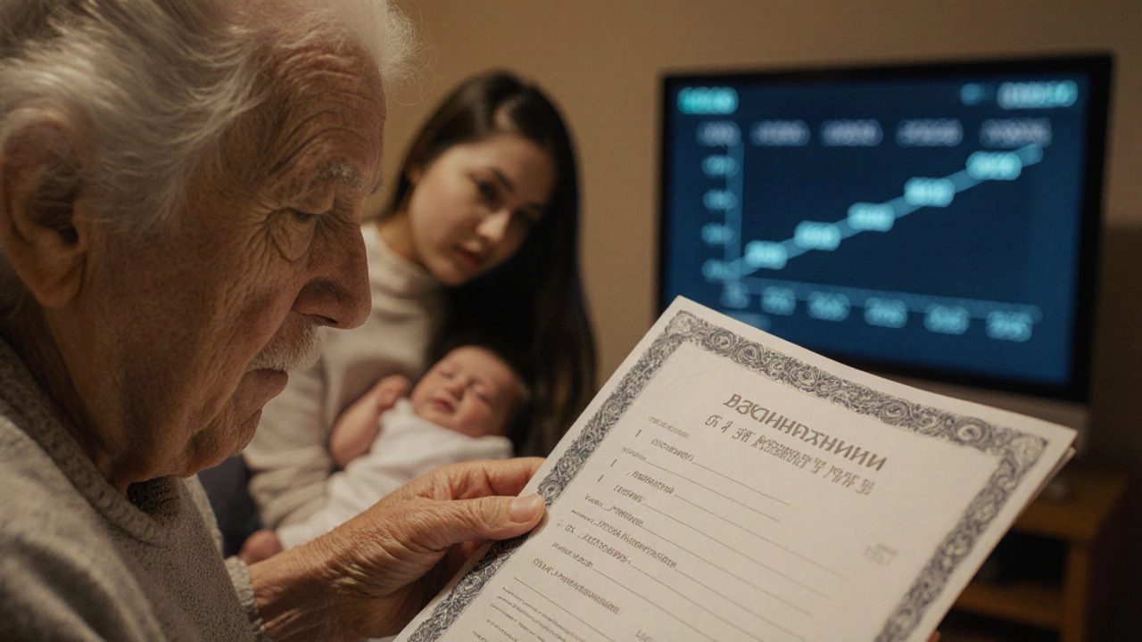 Бабушка смотрит на свидетельство о рождении, рядом — мать с ребенком, на экране рост капитала с 2020 по 2024 год.