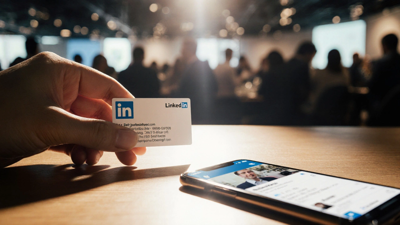 Бумажная визитка лежит рядом со смартфоном — символ личного контакта против цифрового.