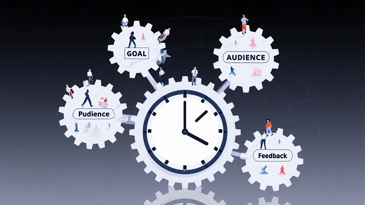 Часы из шестерёнок, символизирующие этапы подготовки бизнес-мероприятия.