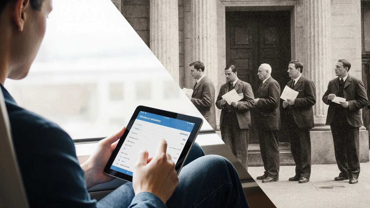 Человек оплачивает счета в поезде, рядом — устаревшая очередь в банке.