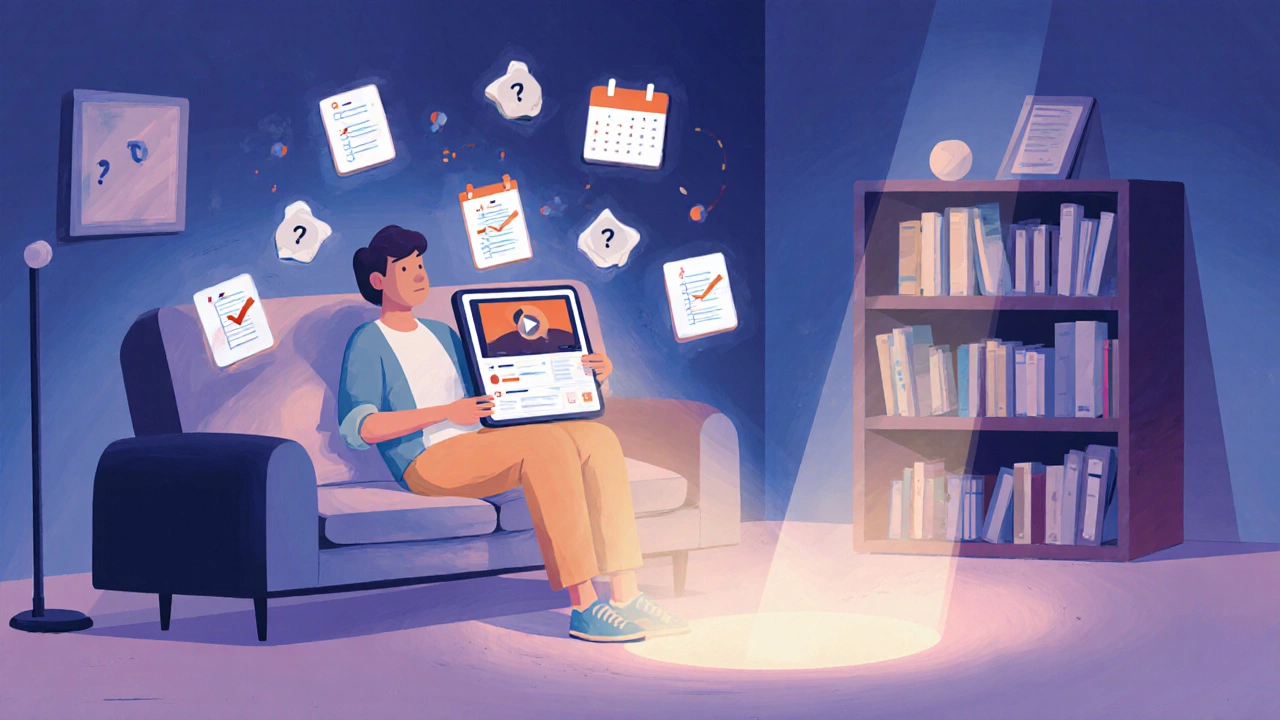 Человек проходит асинхронный курс на планшете, вокруг — чек-листы, сертификаты и календарь с еженедельными сессиями.