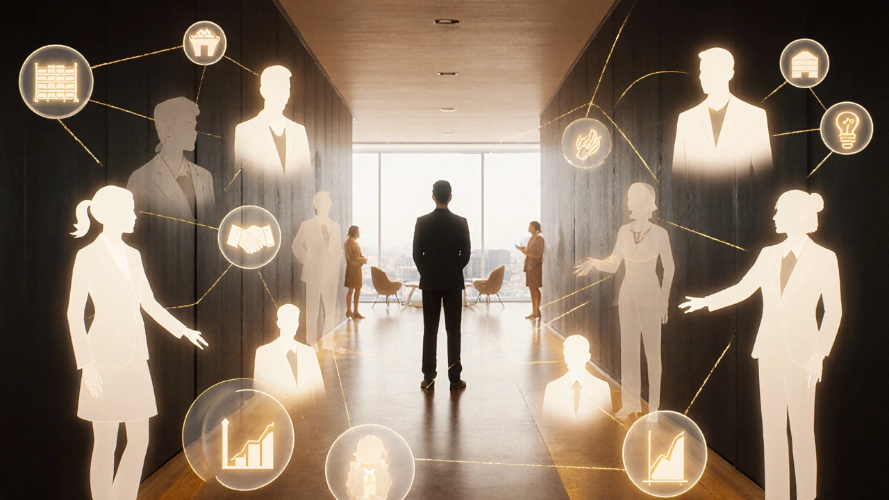 Человек в коридоре конференции окружен светящимися образами возможностей от встреч.