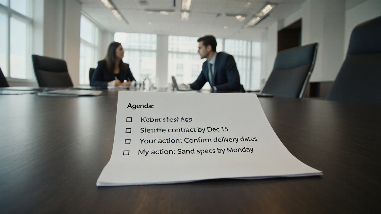 Чистая конференц-комната с распечатанной повесткой дня на столе, два участника ведут серьезный разговор.