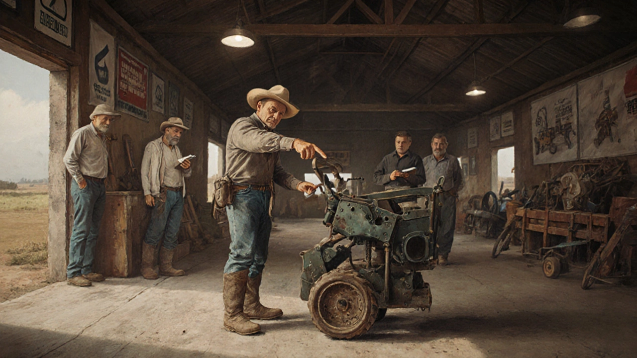 Фермеры осматривают сельхозоборудование на выставке, один указывает на ручку, другой записывает замечания.