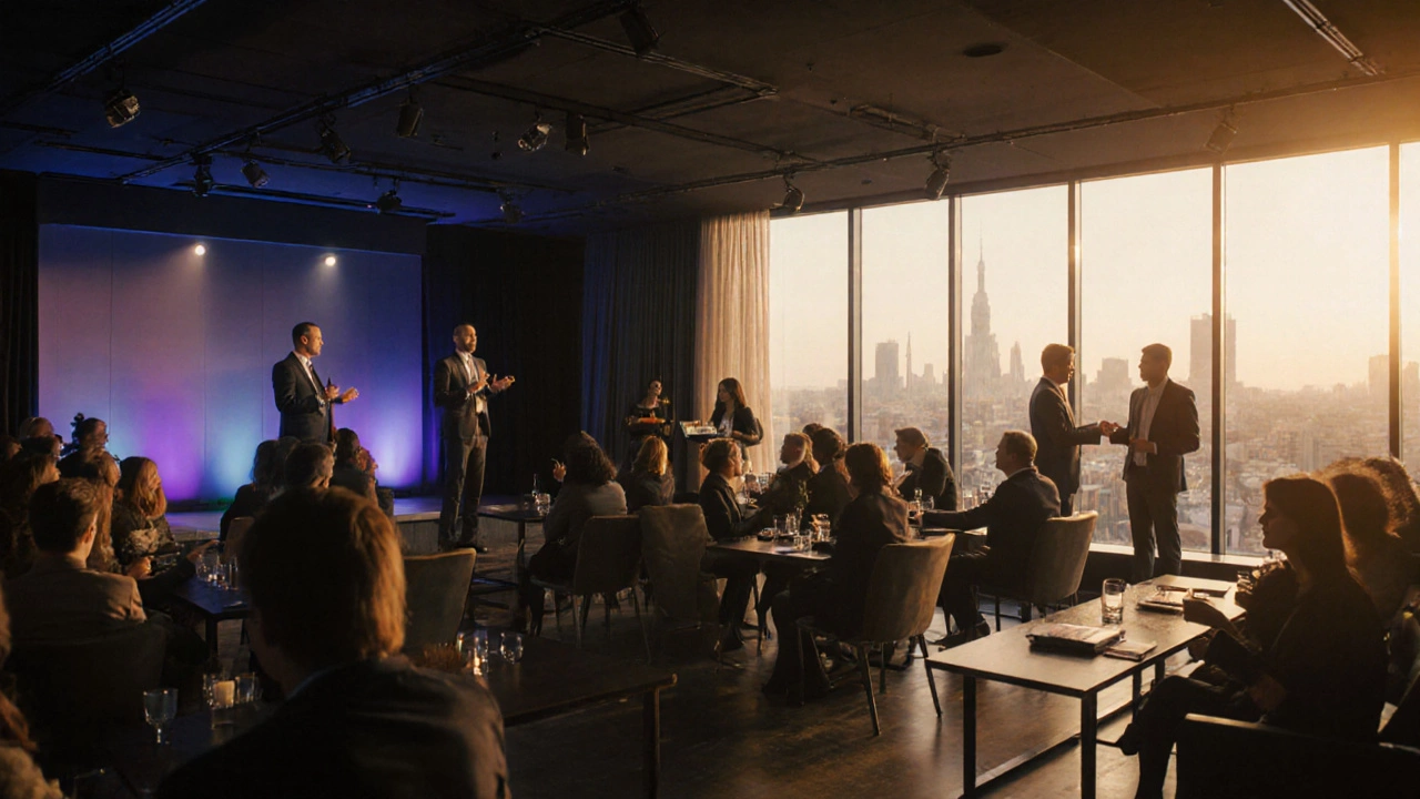 Гибридное бизнес-мероприятие: выступление на сцене и нетворкинг за кофе в Санкт-Петербурге.