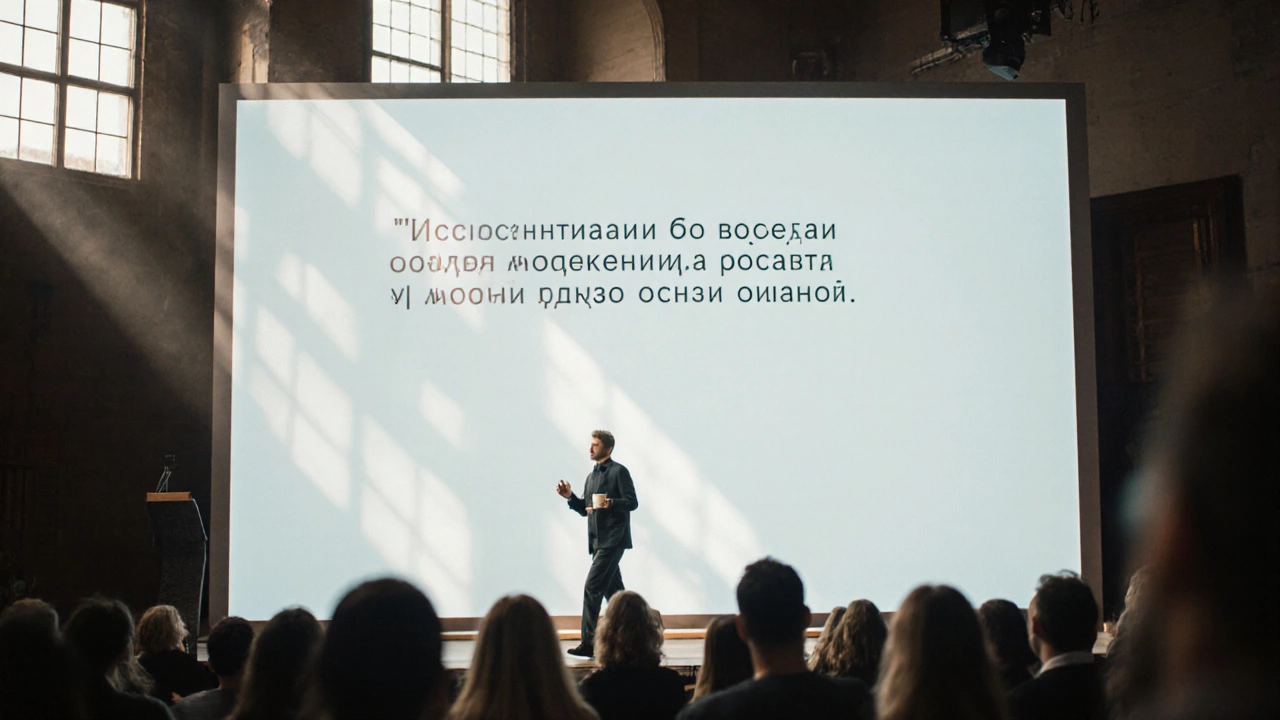 На экране пять слов, спикер идет по сцене, зрители внимательно слушают.