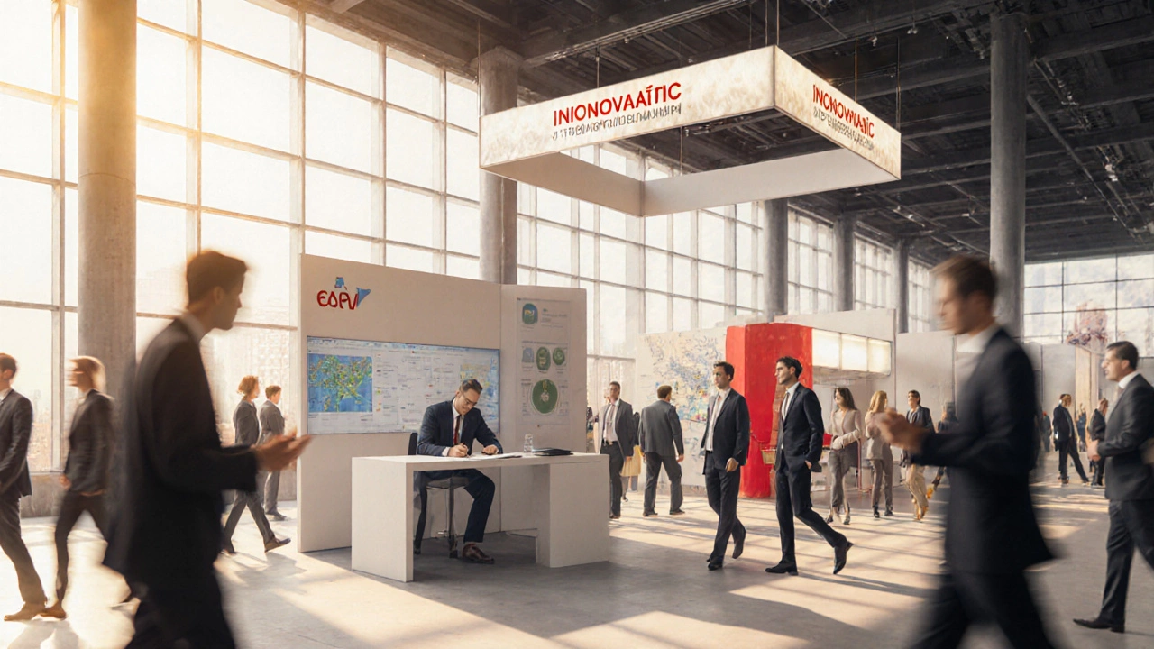 На выставке бизнесмены общаются у маленького стенда, один подписывает договор.