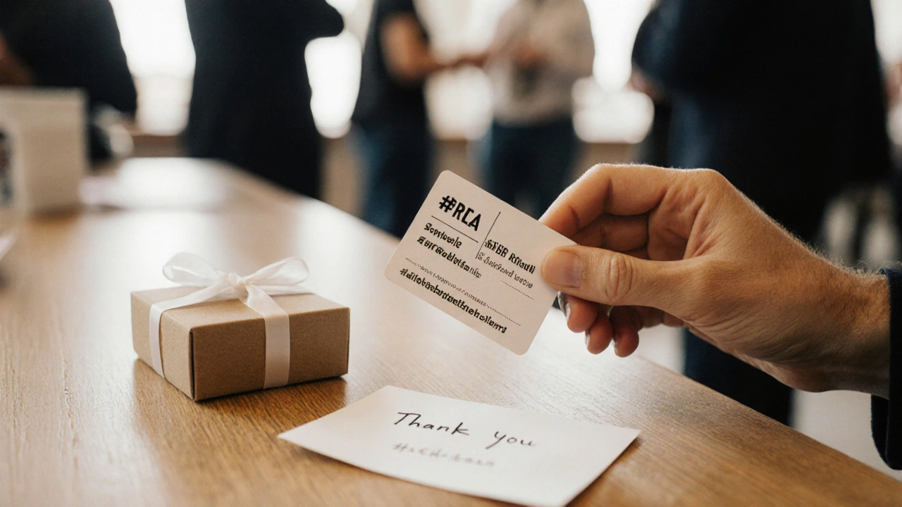 Персонализированный бейдж и благодарственная записка на столе с подарком.