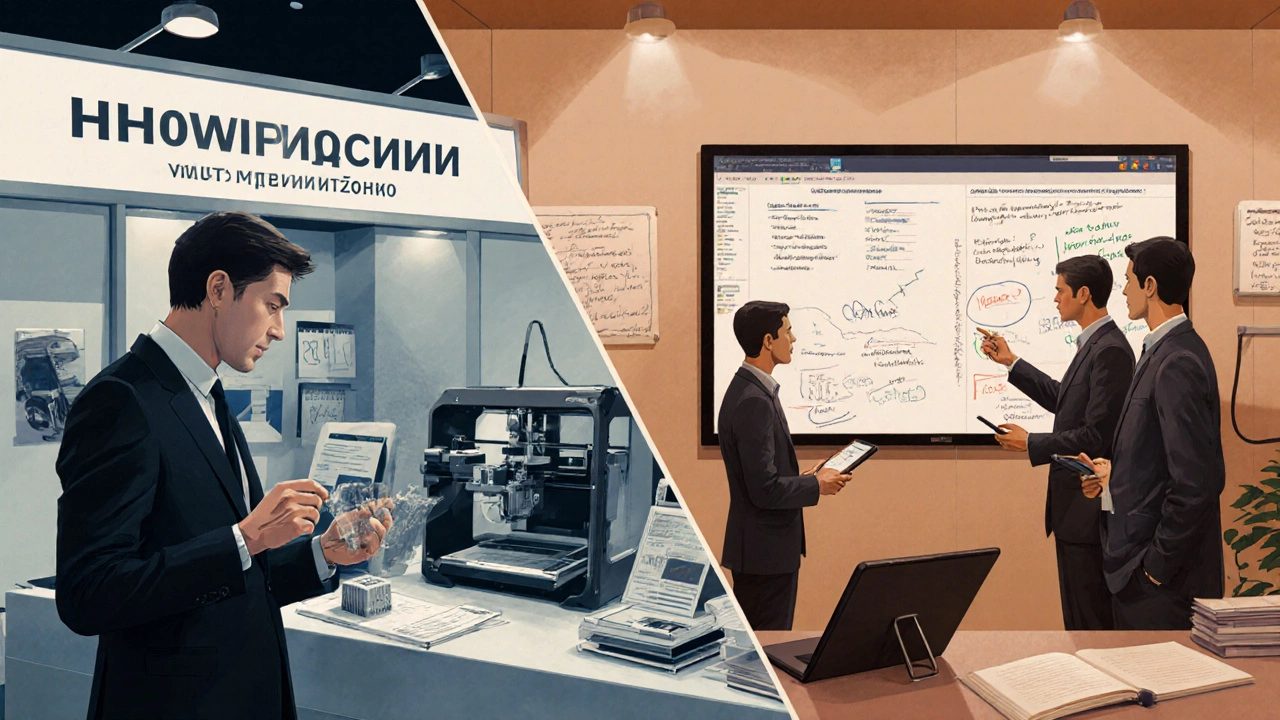 Предприниматель изучает прототип на промышленной выставке, рядом инженеры демонстрируют программное обеспечение.