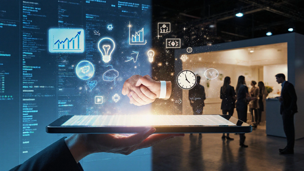 Рука из цифрового мира берет физический продукт, окруженный символами доверия и роста.