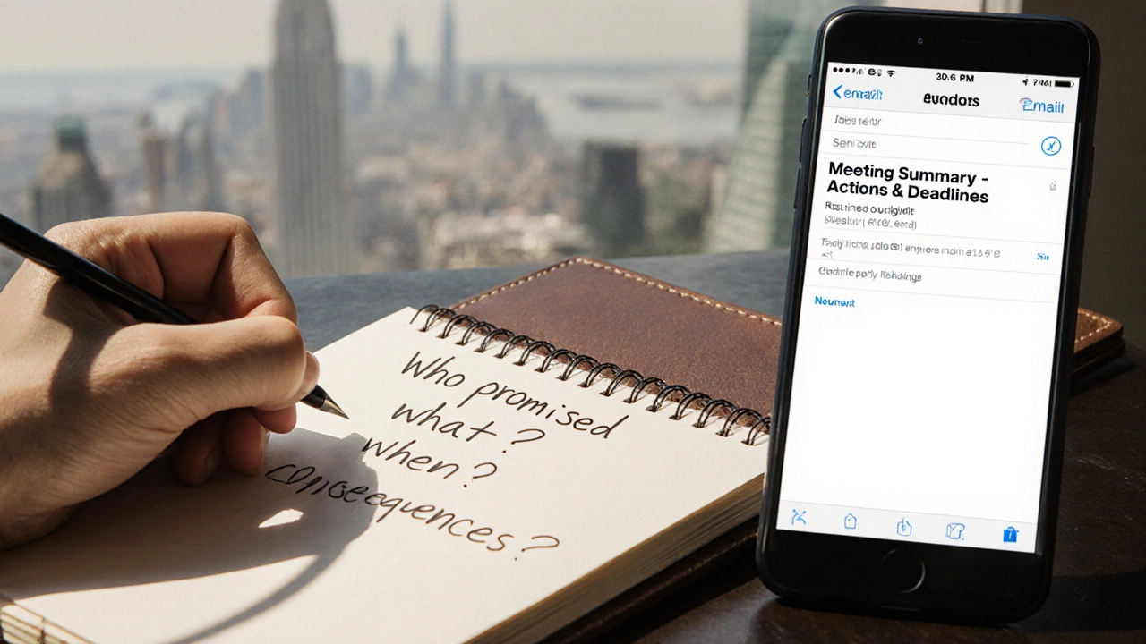Рука записывает действия после встречи, рядом смартфон с отправленным письмом резюме встречи.