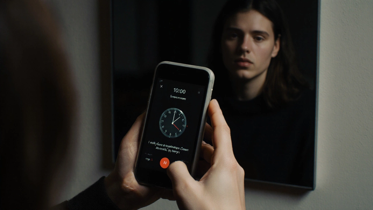 Руки держат телефон, записывающий выступление, в зеркале — пауза после важной фразы.