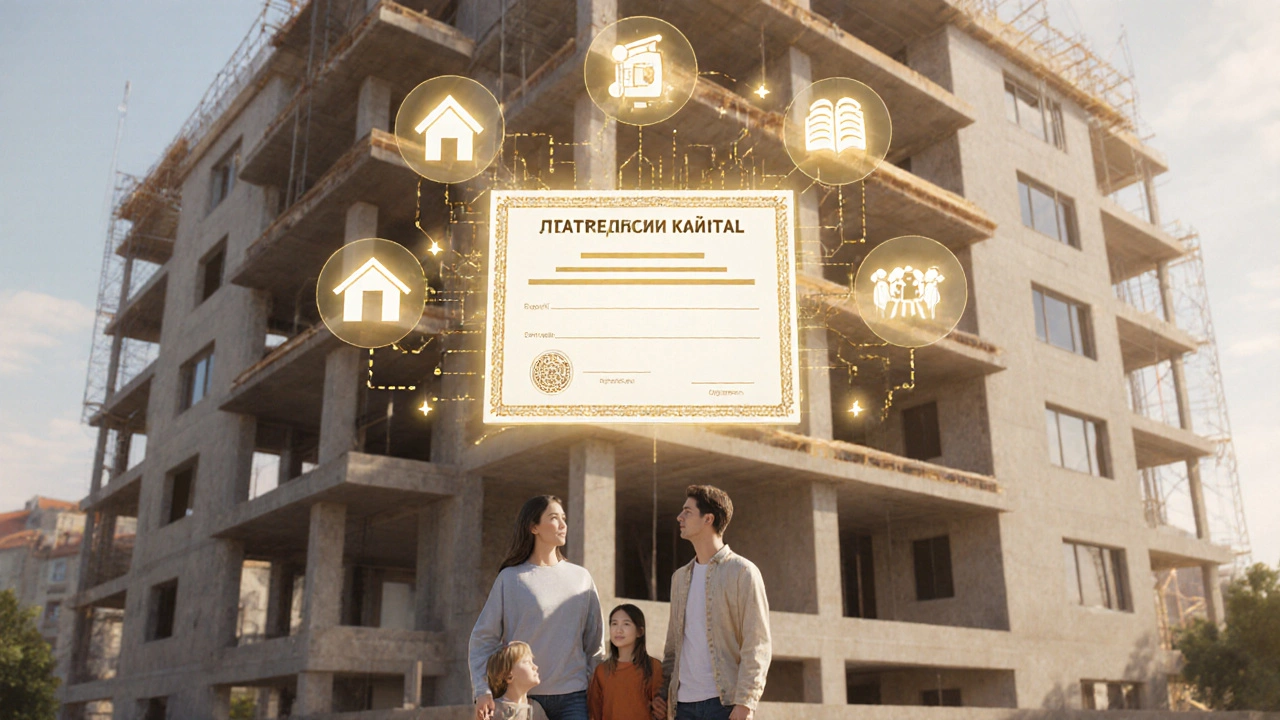 Семья стоит перед новым домом, над ними цифровой сертификат материнского капитала с символами жилья и образования.