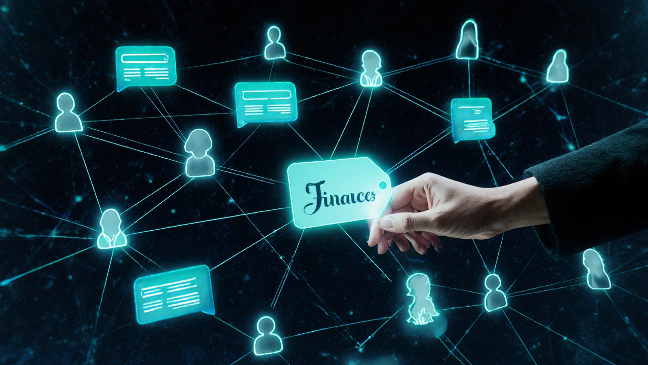 Сеть светящихся нитей с обсуждениями малого бизнеса, модератор добавляет тему &#039;Финансы&#039; в диалог.