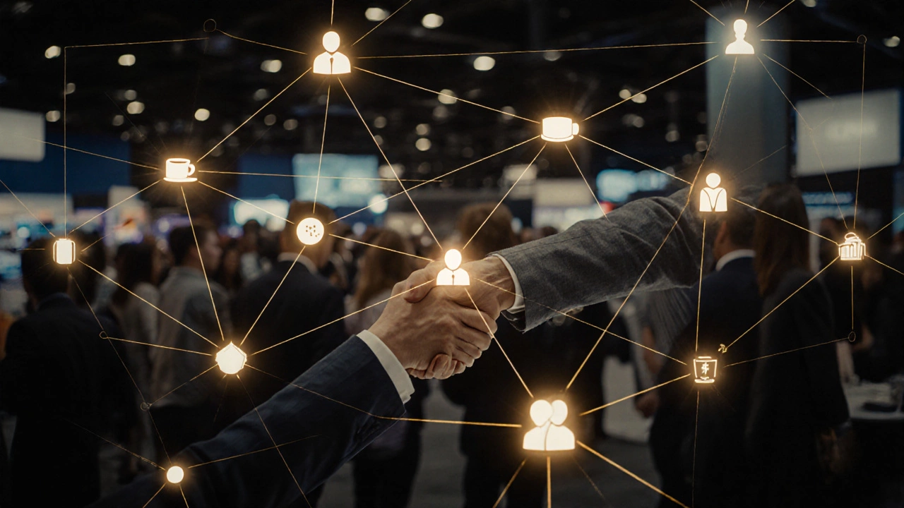 Сеть светящихся связей между людьми на выставке, символизирующая доверие и новые партнерства.