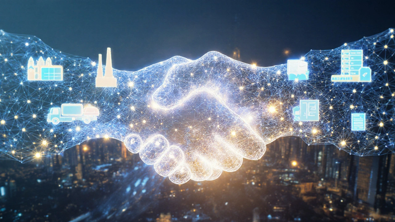 Схематичное изображение сети партнерств, возникающих на бизнес-выставках, с символами бизнеса и российским городом.