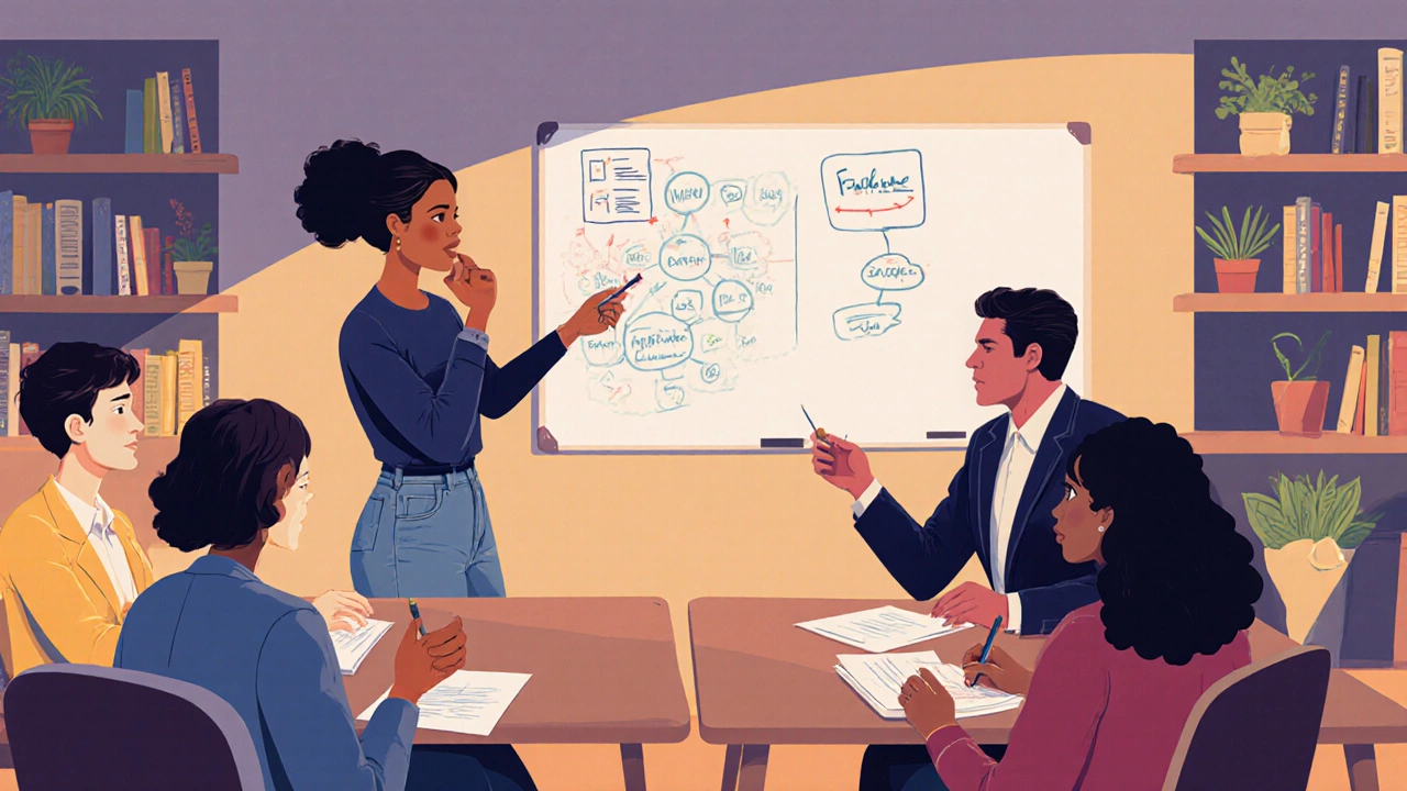 Участники бизнес-воркшопа обсуждают идеи в коворкинге, один из них ведет запись на доске.