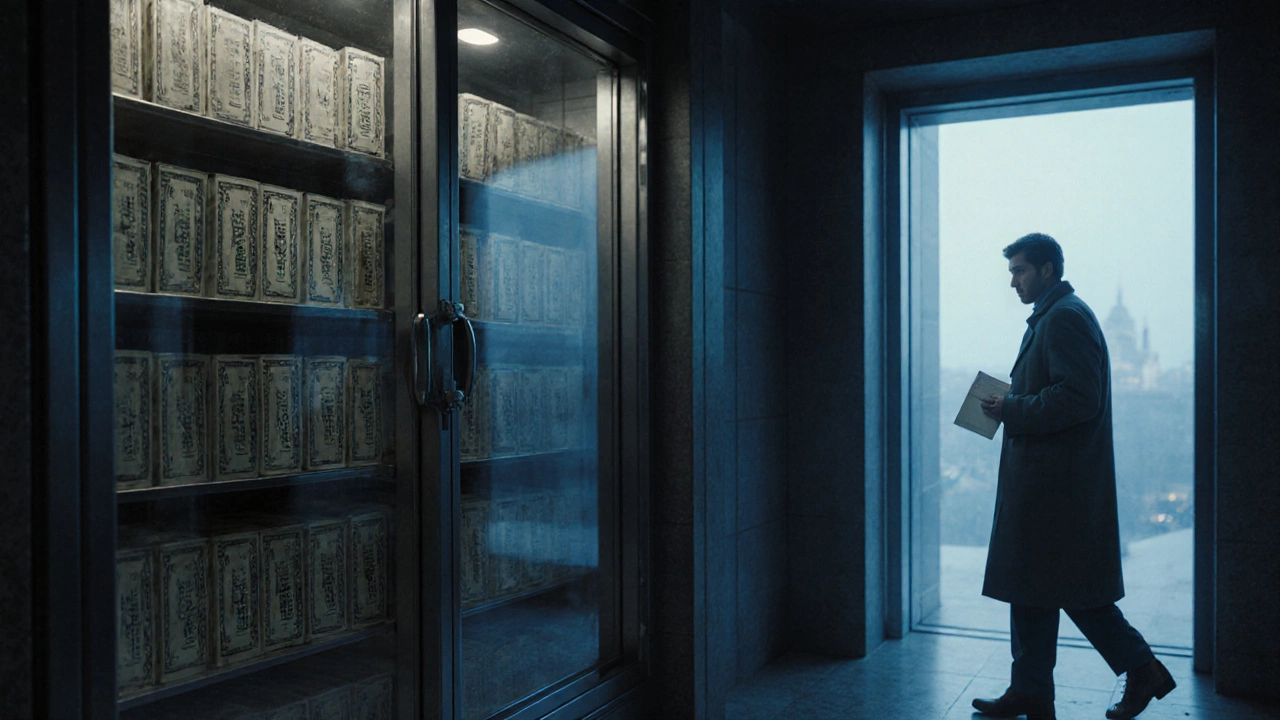 В московском банке хранятся доллары за стеклом, человек уходит с конвертом наличных.