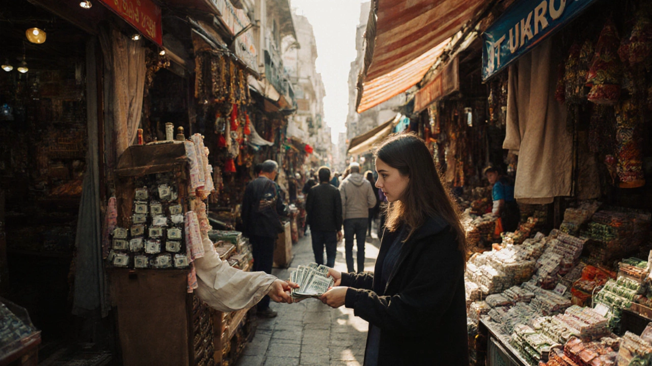 В Стамбуле покупатель обменивает лиры на доллары в скрытом обменнике на рынке.