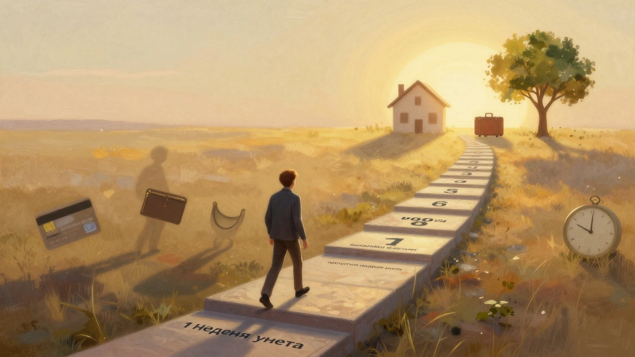 Человек идет по пути финансового роста, оставляя за собой ошибки и двигаясь к свободе.