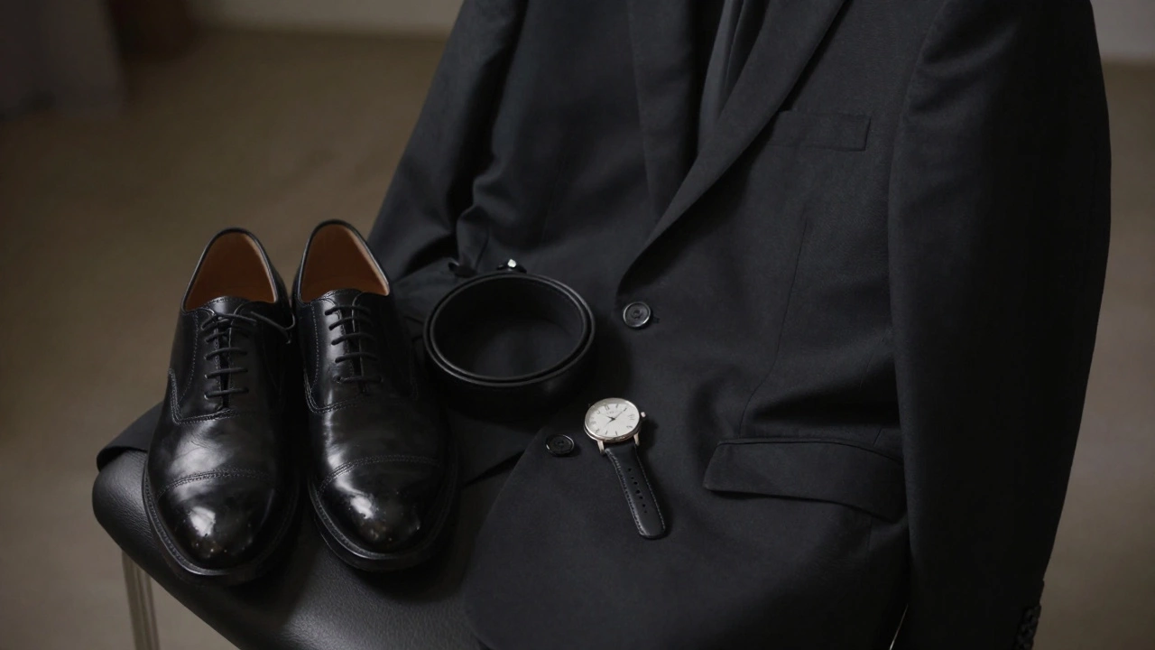 Черный костюм, туфли и часы аккуратно сложены на стуле — символ деловой дисциплины.