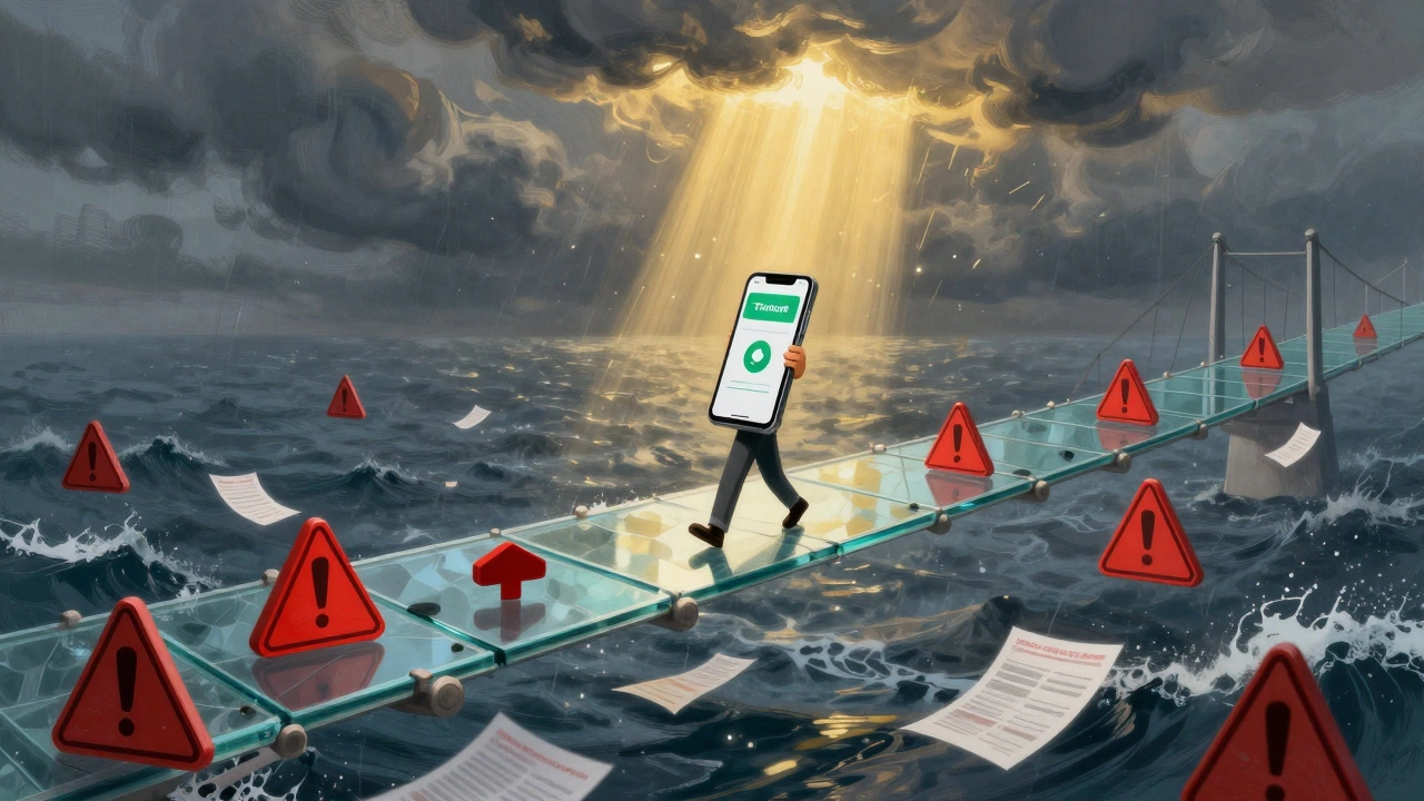 Фигура переходит по хрупкому мосту через шторм финансовых рисков, держа смартфон с приложением банка.