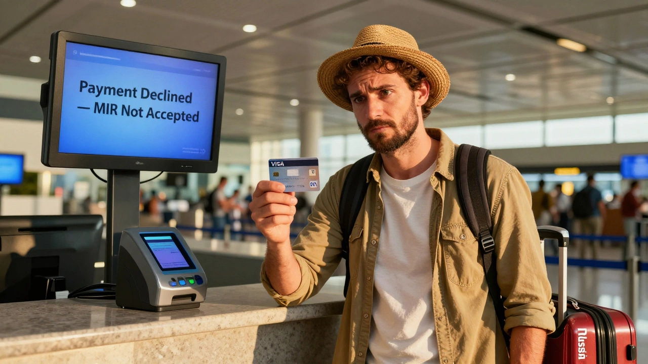 Путешественник в аэропорту Дубая пытается оплатить картой, но терминал отказывает — на экране &#039;MIR не принимается&#039;.
