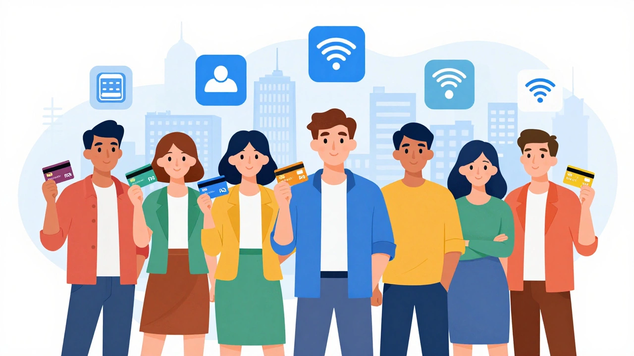 Разные люди держат кредитные карты с разными лимитами, вокруг — символы платежей и мобильной связи.