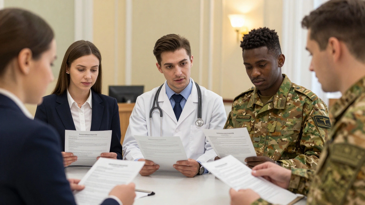 Разные профессионалы обсуждают ипотеку с банкиром в офисе с документами