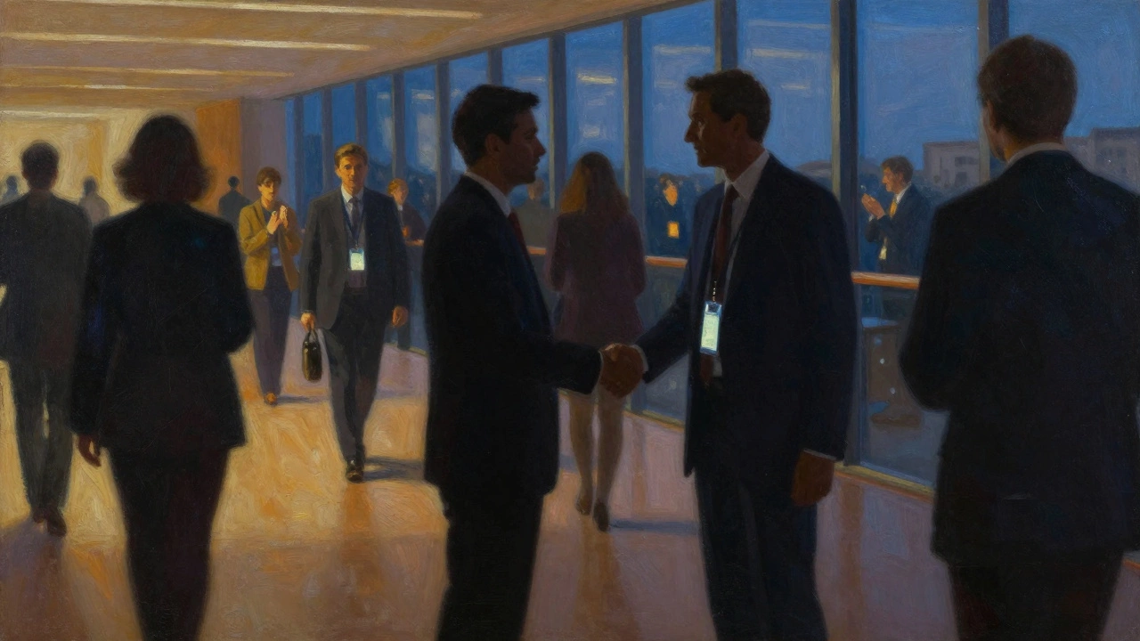 Силуэты участников конференции в коридоре, один из них пожимает руку другому.