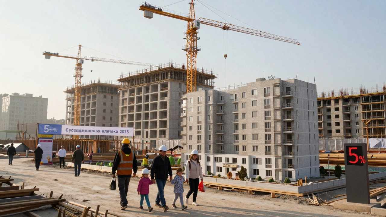 Строительная площадка с новостройками и семьёй, входящей в модель квартиры, 2025 год.