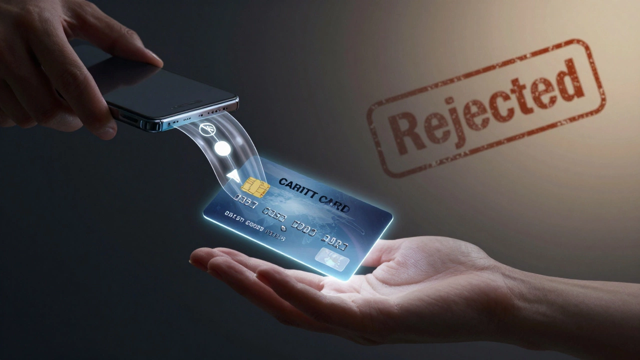 Светящаяся кредитная карта получает данные о платежах, тень отказа исчезает в фоне.