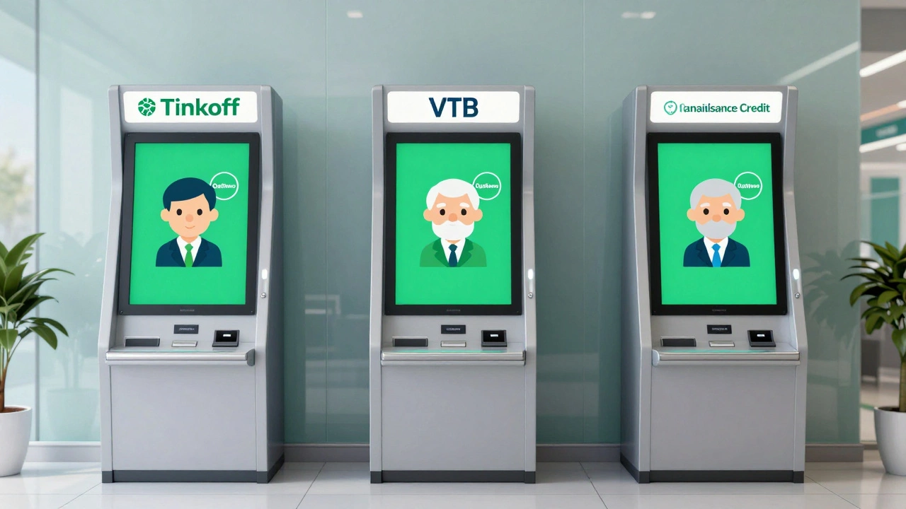 Три цифровых терминала с профилями заемщиков и статусами одобрения в банке.