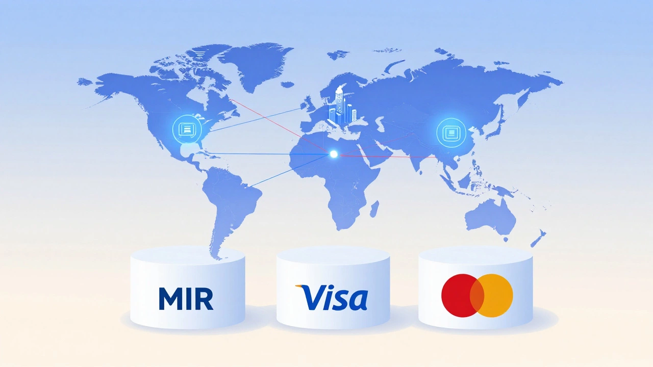 Три столба с брендами карт: Мир ограничивается Россией, Visa и Mastercard соединяют мир.