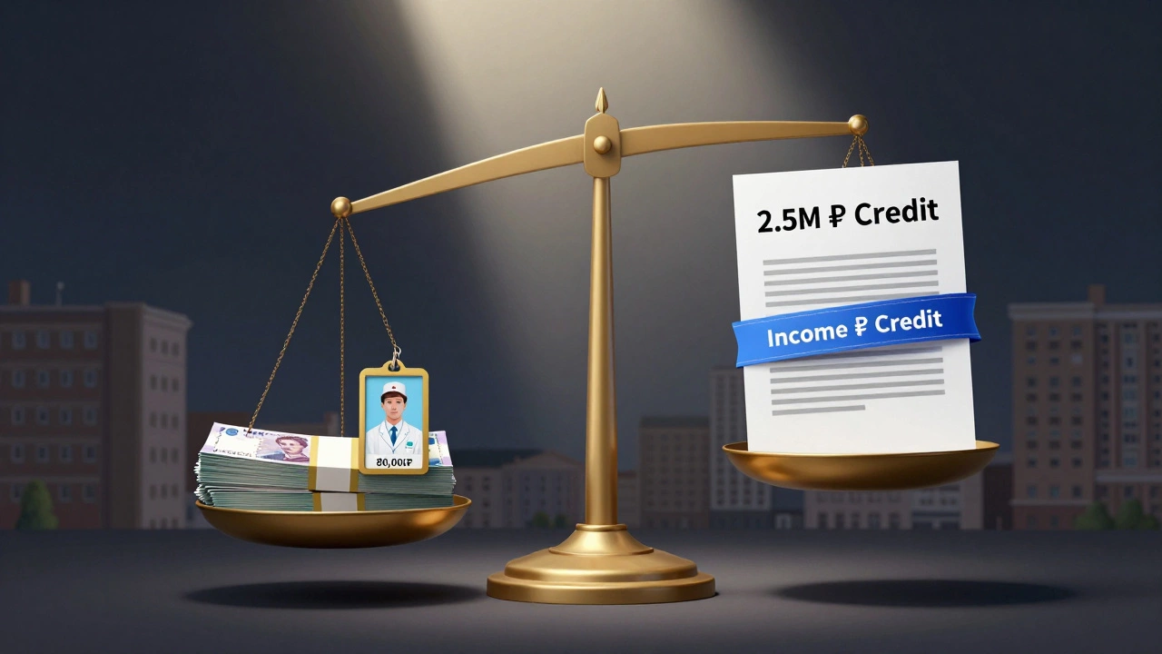 Весы балансируют доход и крупный кредит, символизируя финансовую устойчивость.