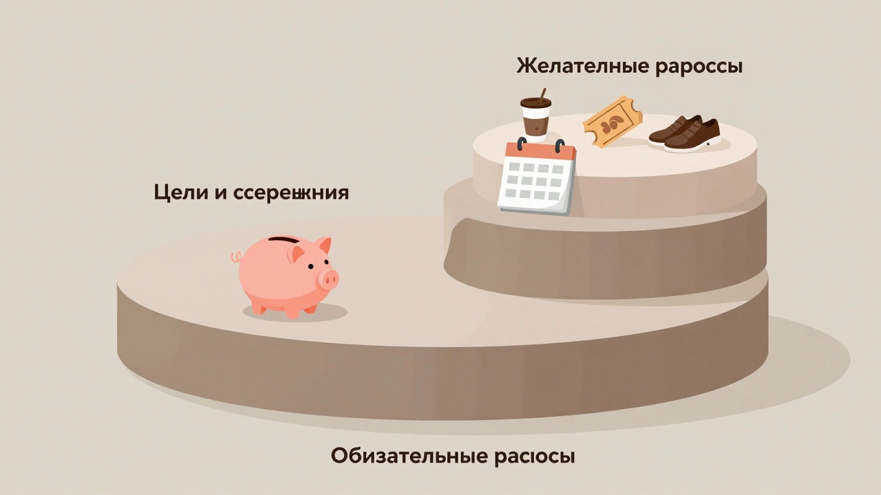 Визуальное представление бюджета по правилу 50/30/20 с тремя слоями расходов.