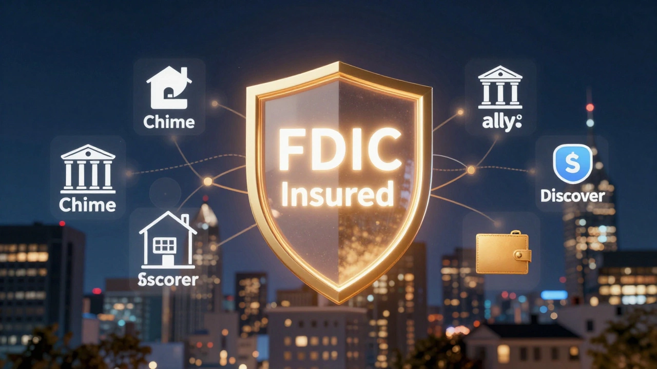 Защитный щит FDIC охраняет пять онлайн-банков над городом, символизируя безопасность и надежность.