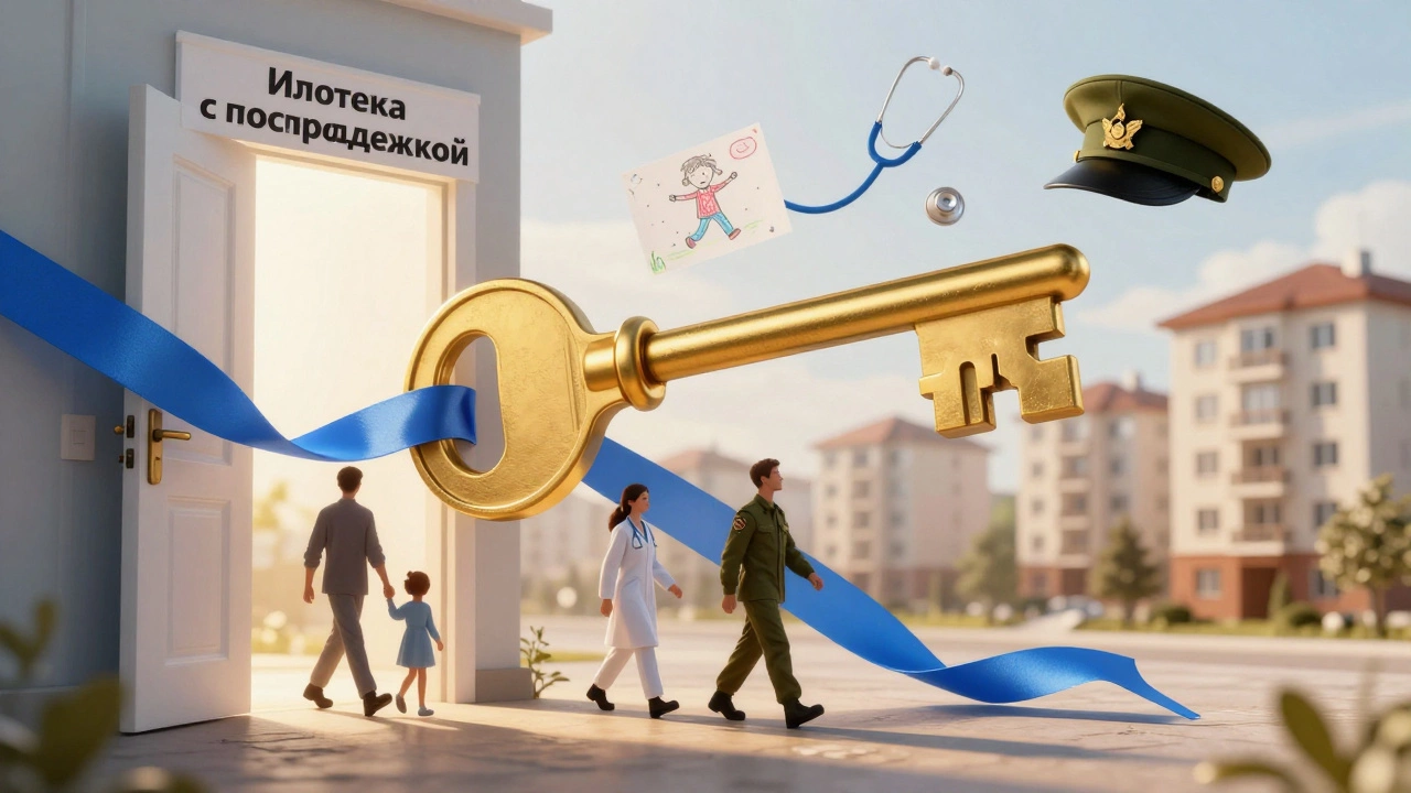 Золотой ключ открывает дверь в жилой комплекс с символами семей, врачей и военных