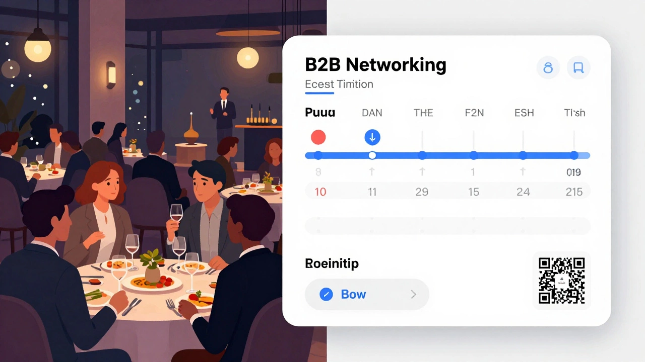 B2B-мероприятие: гости за ужином и цифровой интерфейс с данными регистрации.