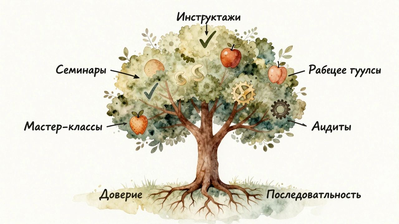 Дерево с методическими мероприятиями как ветвями, символизирующее устойчивость бизнеса.