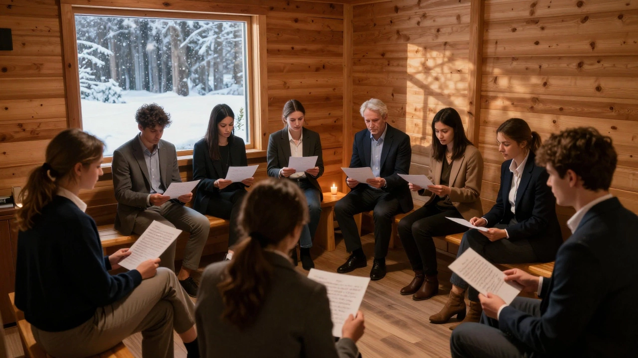 Коллеги в уютном коттедже обмениваются письмами в тихой атмосфере, без техники и презентаций.