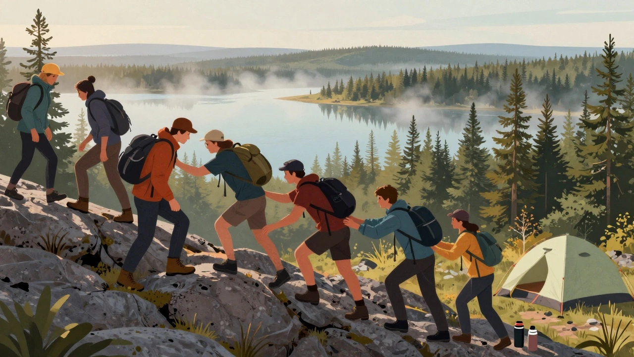 Команда преодолевает природные препятствия на выезде, помогая друг другу в лесу и у озера.