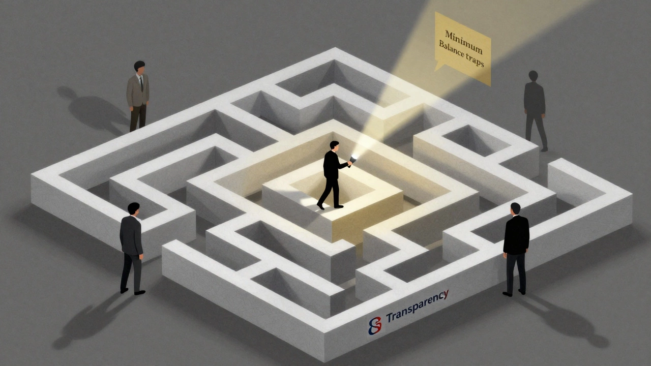 Лабиринт из банковских договоров с фигурой, ищущей прозрачность.